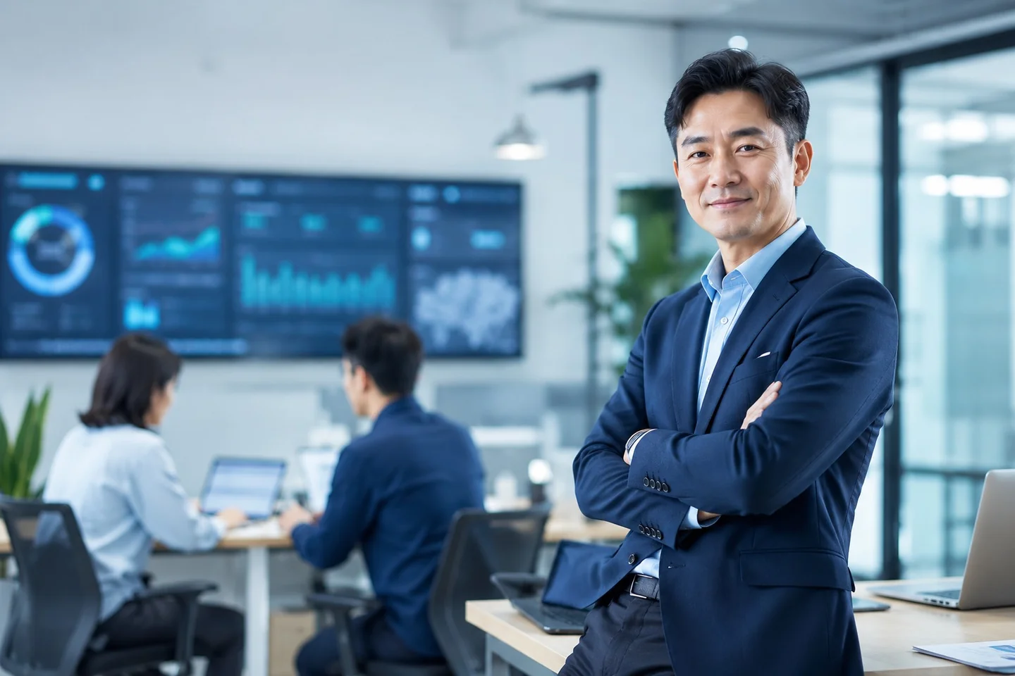 台灣中小企業經營者與團隊在明亮現代辦公室協作，背景螢幕顯示數據儀表板